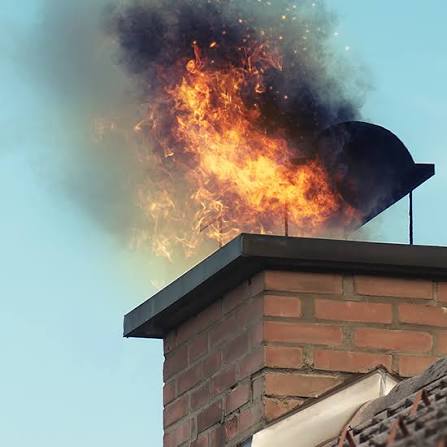 Flames and dark smoke bursting from the top of a brick chimney during a chimney fire