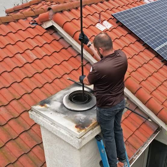 Technician standing on a ladder beside a clay tile roof feeding a rod down a round flue opening on a stucco chimney